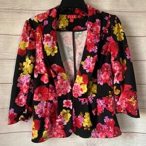 Elle Black and Floral Blazer Jacket 3/4 Ruched Sleeves Size Small
